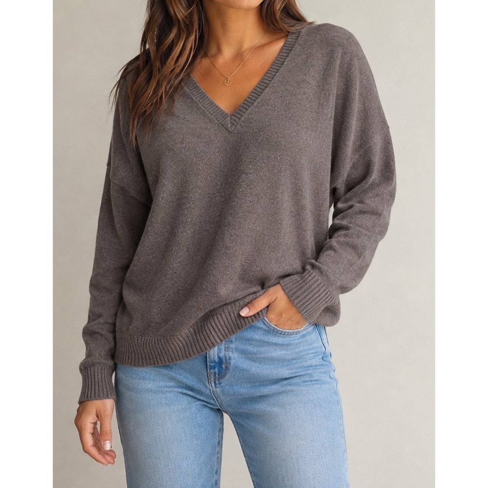 Barefoot Dreams Sweater Women's Large CozyChic Ultra Lite V-Neck Taupe